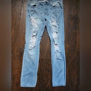 Machine Distressed Ripped Jeans  Rhinestone Pocket